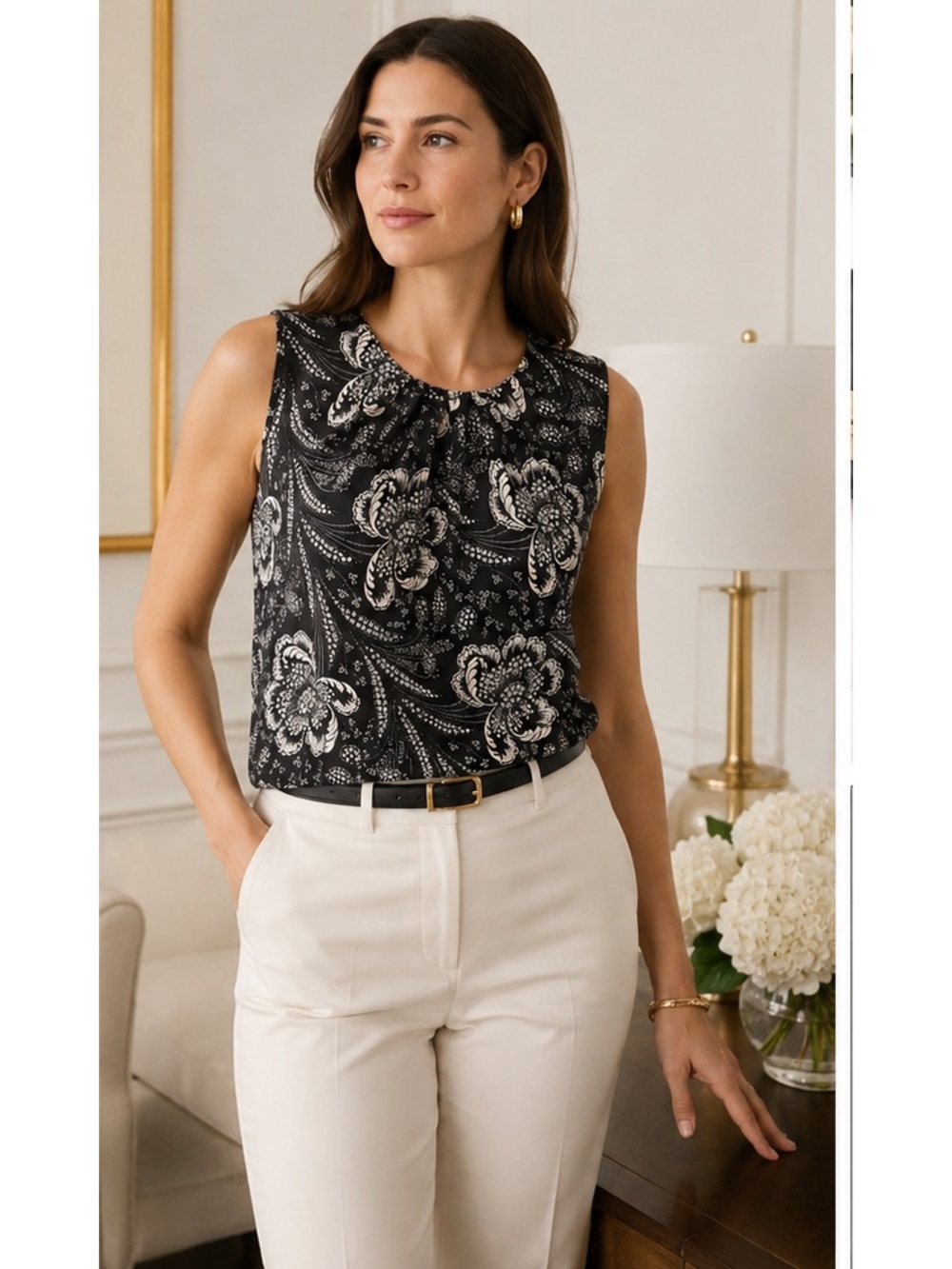 Talbots Petites Silk Blend Sleeveless Floral Shell Top Black Ivory Size 8